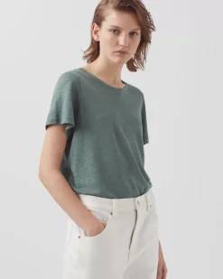 Tops|Comptoir des Cotonniers Amandine - T-Shirt Col Rond En Lin 0381 Dark Forest