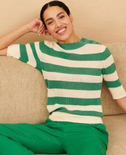 Maille|Comptoir des Cotonniers Pull Manches Courtes En Lin 0551 Pine Green Stripes