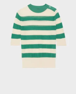 Maille|Comptoir des Cotonniers Pull Manches Courtes En Lin 0551 Pine Green Stripes
