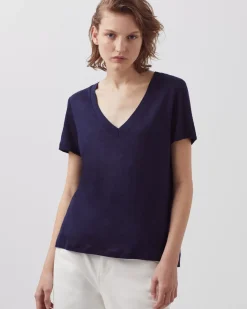 Tops|Comptoir des Cotonniers Sarah - T-Shirt Col V En Lin 4232 Maritime Blue