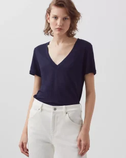 Tops|Comptoir des Cotonniers Sarah - T-Shirt Col V En Lin 4232 Maritime Blue