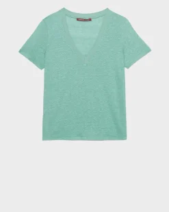 Tops|Comptoir des Cotonniers Sarah - T-Shirt Col V En Lin 0520 Vert Email