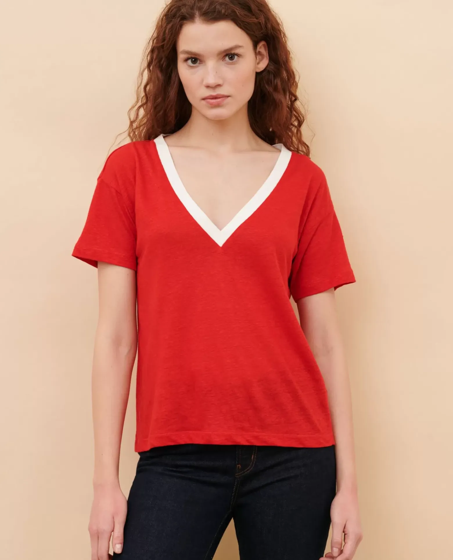 Tops|Comptoir des Cotonniers Sarah - T-Shirt En Lin 5039C Str Fieryred Gardenia